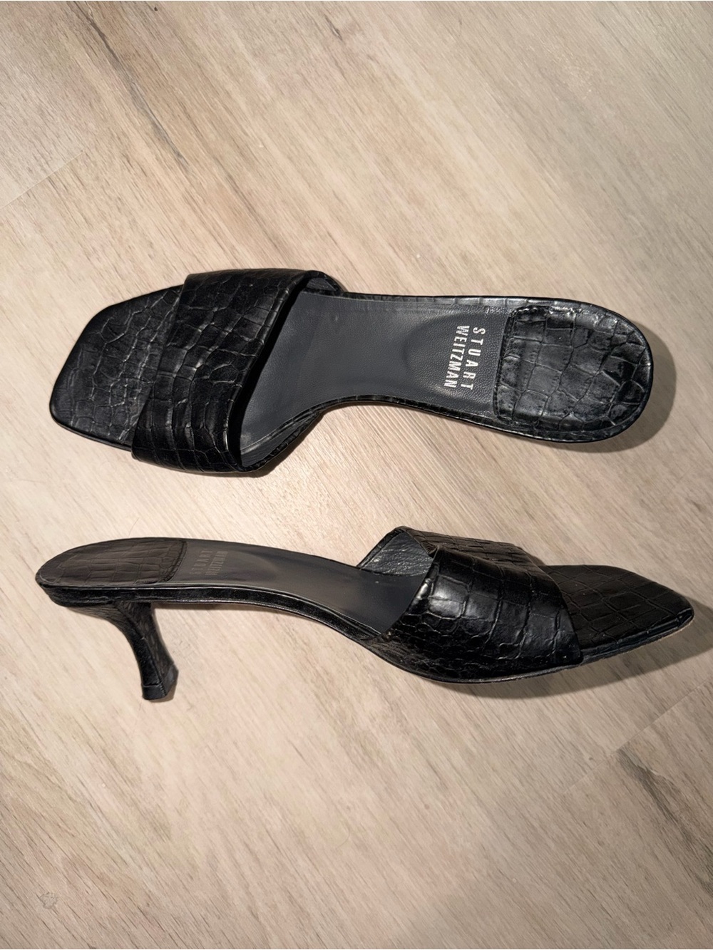 Stuart Weitzman Black Croc-Embossed Slide Heels
